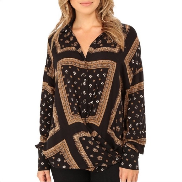 Free People Tops - Free People Black Gold Little Secrets Button Down Wrap Top S